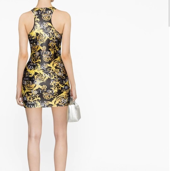 NWT VERSACE Jeans Couture WOMEN Baroque Logo Print Mini Dress Black Gold - Picture 6 of 13